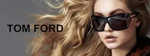 A model with blonde hair wearing sunglasses and looking at the camera for Tom Ford brand
