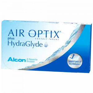 Air Optix Plus HydraGlyde contact lenses box on black background