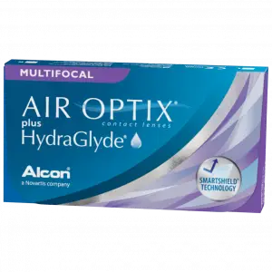 A box of Air Optix Plus HydraGlyde contact lenses, displayed on a black background.