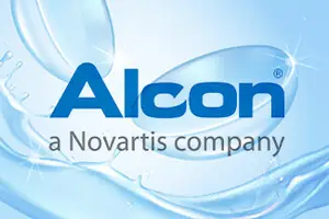 Alcon, a Novartis company, logo with blue water droplets on a blue background