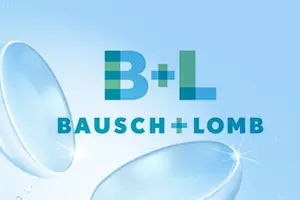 Bausch & Lomb logo with blue background and water droplets