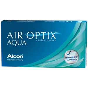 A box of Air Optix Aqua contact lenses displayed on a black background.
