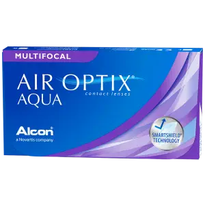 A blue and purple box with the words Air Optix Aqua Multifocal Contact Lenses displayed on a black background.