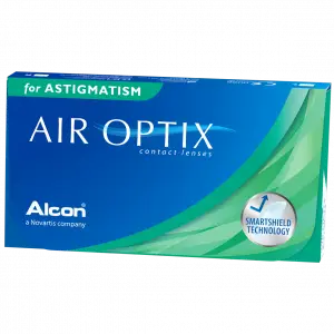 Box of Air Optix contact lenses for astigmatism with a blue and green design.