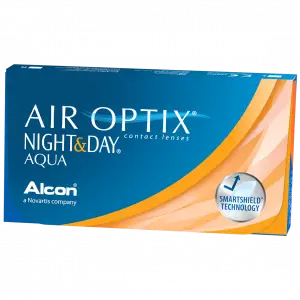 Air Optix Night & Day Aqua contact lenses packaging, blue and orange with white text and logo.