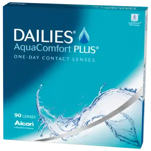 A blue box with the words Dailies AquaComfort Plus One-Day Contact Lenses with an image of water splashing on the front