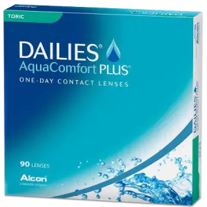 A blue and white box of Dailies AquaComfort Plus one-day contact lenses from Alcon with a water droplet logo and 90 lenses inside.