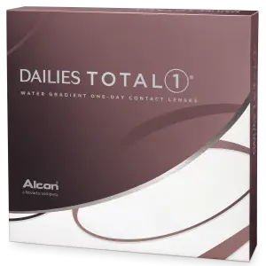A box of Dailies Total 1 water gradient one-day contact lenses by Alcon, a Novartis company.