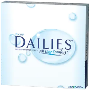 Box of Focus Dailies All Day Comfort contact lenses with a water droplet design on the packaging.