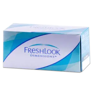 A box of FreshLook Dimensions contact lenses displayed on a black background