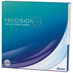 A box of Precision 1 One-Day Contact Lenses by Alcon, featuring a blue and white design with the brand logo and product details visible.
