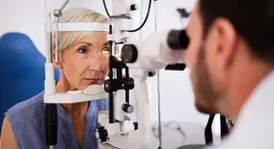 An elderly woman with short blonde hair is undergoing an eye examination by a male doctor in a clinic.