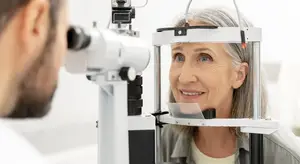 A woman getting her eyes checked at an optometrist's office.