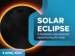 Poster advertising a solar eclipse educational event for kids, dated April 8, 2024.