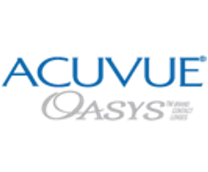 Acuvue Oasys contact lens logo with wavy lines and blue and white colors on a black background