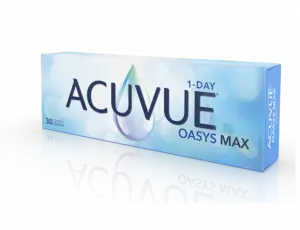 A box of Acuvue Oasys Max contact lenses displayed on a black background with a reflection of the box below it.