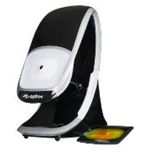 Image of an optometrist's diagnostic device with a bright light and a screen showing a colored image.