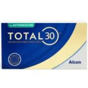 A blue and white box of Total 30 Astigmatism contact lenses by Alcon