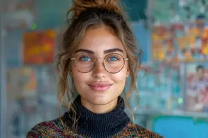 Portrait of a smiling woman wearing glasses and a turtleneck, standing in front of a colorful wall background.