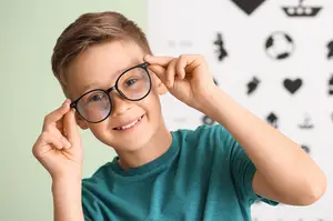 A young boy wearing glasses is smiling and posing for a photo in a room with a green wall and a white board with icons.