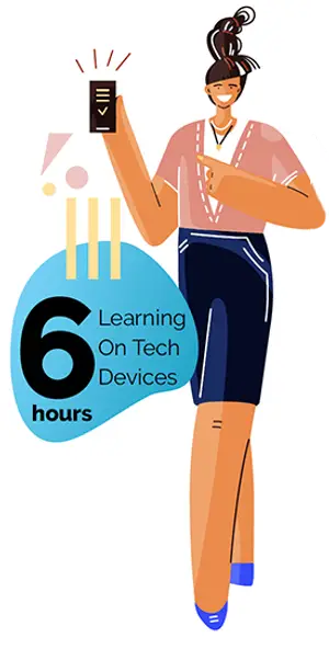 An illustration of a woman holding a tablet and pointing to text that reads '6 hours learning on tech devices'.