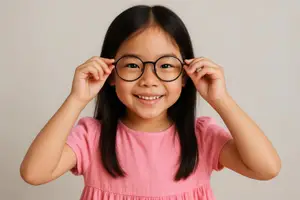A young girl wearing a pink dress and glasses is smiling and posing for a photo.