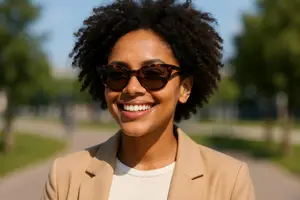 A smiling woman with curly hair wearing a blazer and sunglasses stands on a pathway in a park.