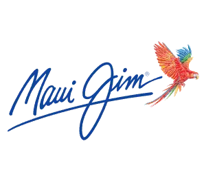 Maui Jim Logo with a colorful parrot on a black background