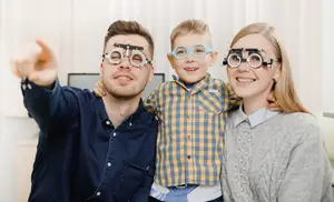 Three people are smiling and wearing eyeglasses, with the man pointing his finger to the right. The boy is wearing a checkered shirt, while the woman is wearing a knitted sweater. They are standing in front of a white wall.