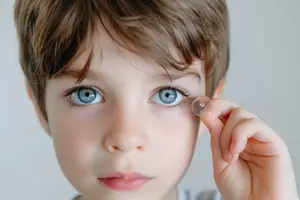 A child wearing a contact lens in his right eye.