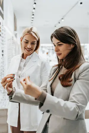 A woman is showing a contact lens to another woman who is smiling and holding a contact lens in an eyeglass shop