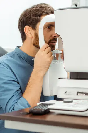 A man is sitting on a chair in an eye clinic and looking into an eye examination machine with his right hand.