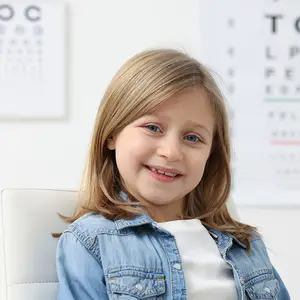 A young girl with blonde hair wearing a denim jacket is sitting on a white chair and smiling for a photo.