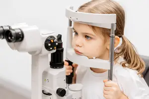 A young girl with brown hair is examining her eyes using a medical device in a clinic.