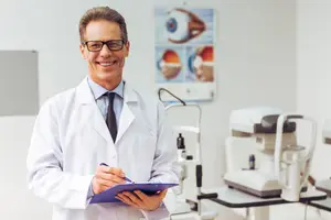 Male optometrist holding clipboard in an optical clinic