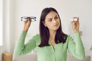 A woman wearing a green long-sleeve shirt is holding glasses and contact lenses in her hands.