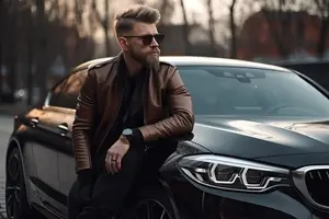A man wearing sunglasses and a brown leather jacket is sitting on the hood of a black car, with a tree in the background