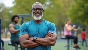 A smiling elderly man wearing glasses and a blue t-shirt stands in an outdoor gym with his arms crossed.