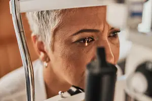 A woman with white hair wearing a white coat is looking through a microscope in an eye examination room