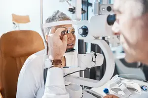An older man is having his eyes checked by a doctor using an ophthalmoscope
