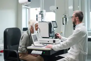 An old woman is having her eyes checked by a doctor in a lab