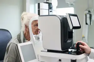 A woman is having her eyes checked by a doctor in an eye clinic.
