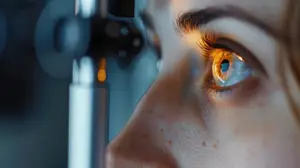 Close-up of a woman's eye being examined by an optometrist using a phoropter.