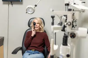 A woman in a maroon sweater is sitting in a chair in an optometrist's office.