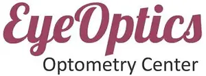 Eye Optics Optometry Center logo with a maroon text on a white background