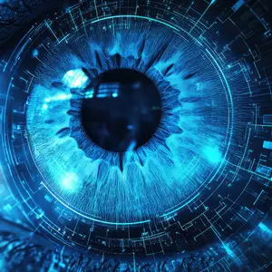 Close-up of a blue human eye with digital lines around it