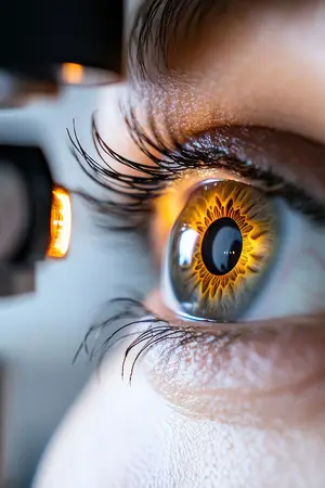 Close-up of a woman's eye with an eye exam light shining on it.