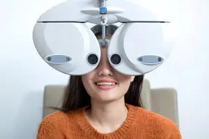 A woman with a white eyeglass on her eyes is smiling while looking into a device.