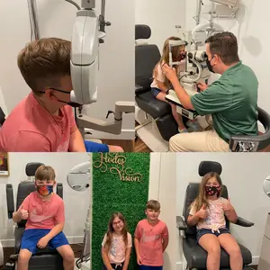 Kids at an optometrist's office, wearing masks, getting their eyes checked by a doctor in green, sitting on chairs and giving thumbs up