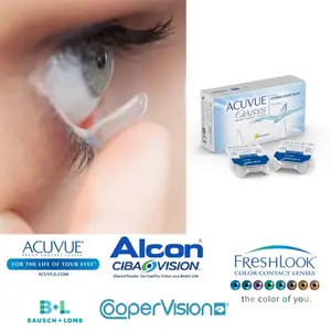 Acuvue contact lens advertisement featuring a close-up of an eye with a lens in it and a box of Acuvue lenses
